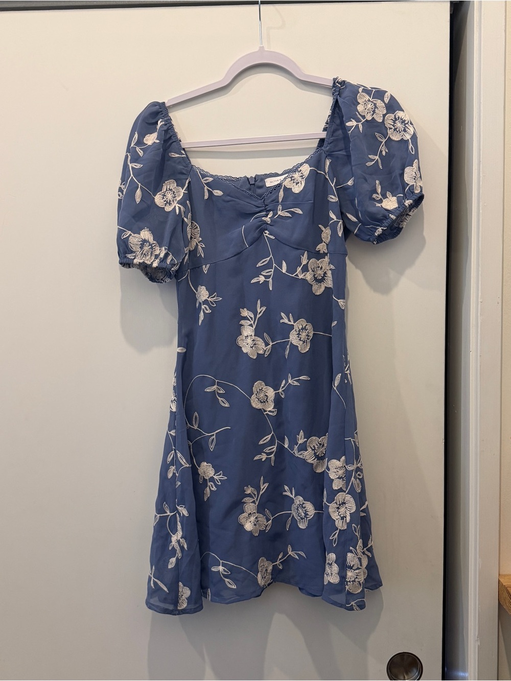 Altar'd State Blue Floral Mini Dress with White Embroidery